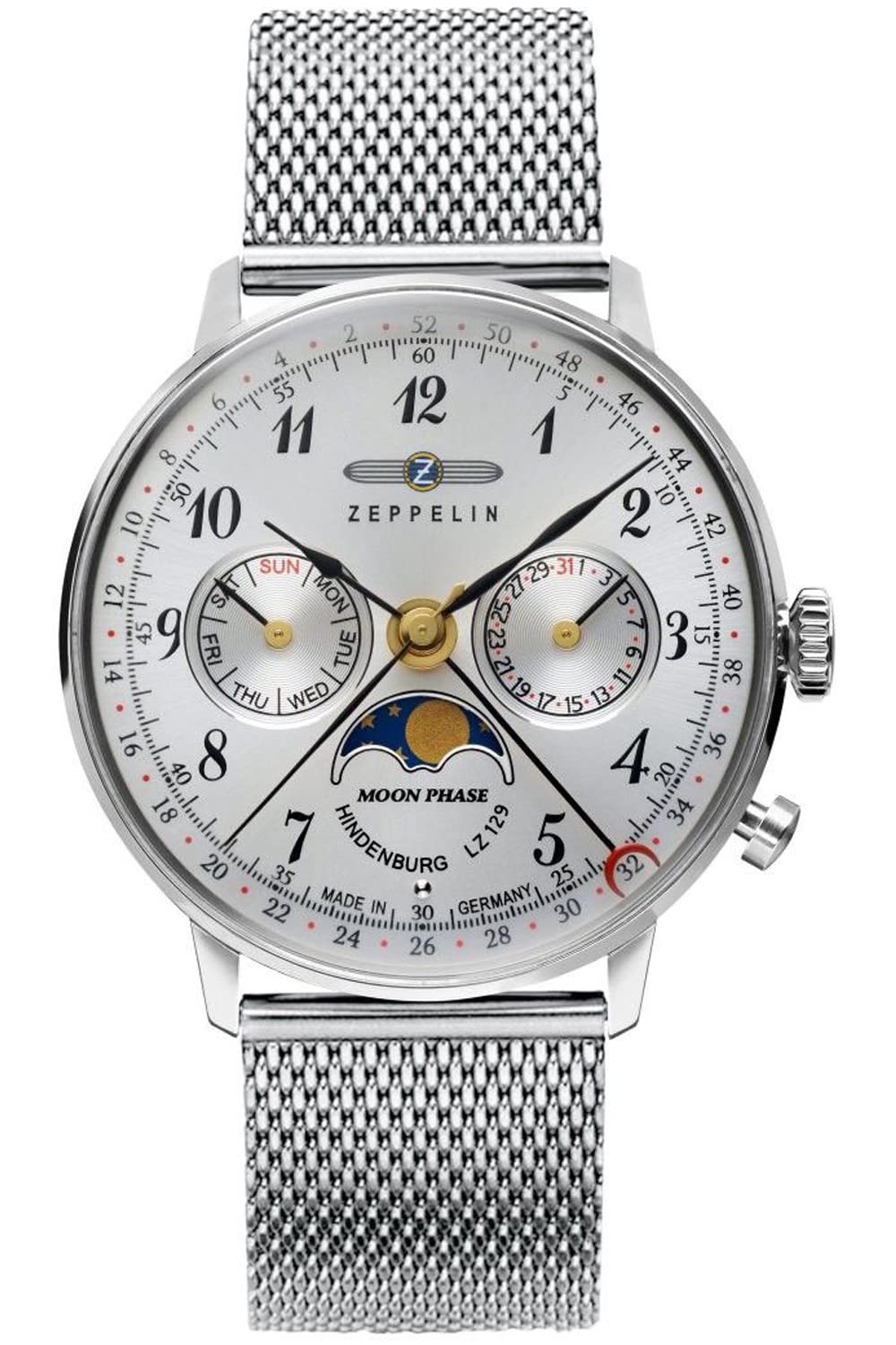 Zeppelin Men's Silver Lz129 Hindenburg Moonphase Dial Quartz 7037M1 Wo's Watch