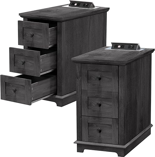 HIFYOBRO Mesita de noche con estación de carga mesita de noche para dormitorio carga inalámbrica y puertos USB mesa auxiliar con estante de