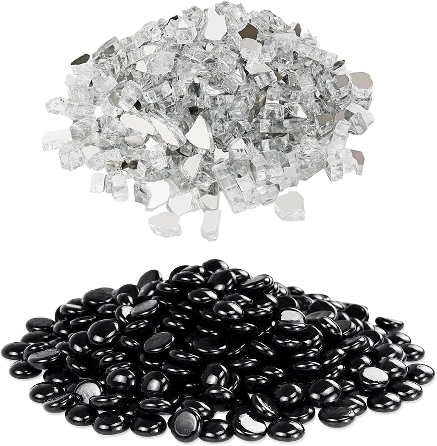 GRISUN 20 Pounds Black Fire Pit Glass and 20 Pounds Ultra White Fire Glass for Fire Pit - 1/2 Inch High Luster Reflective Tempered Glass Rocks for Natural or Propane Fireplace, Safe
