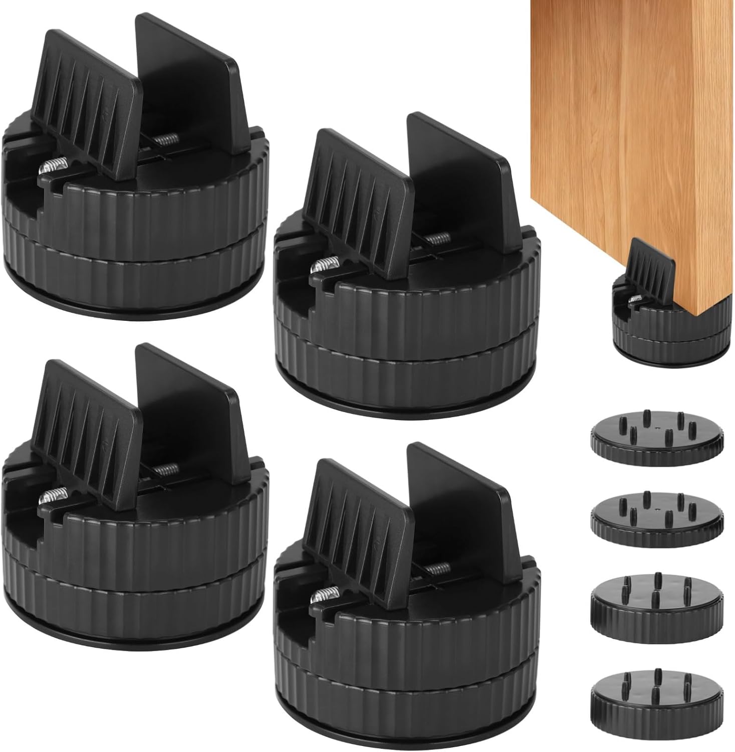 Black 4 Pcs Bed Risers, Adjustable with Screw Clamp, Wide Base 3.2 in, Stackable for Tables, Cabinets, Couch, and Bed Legs
