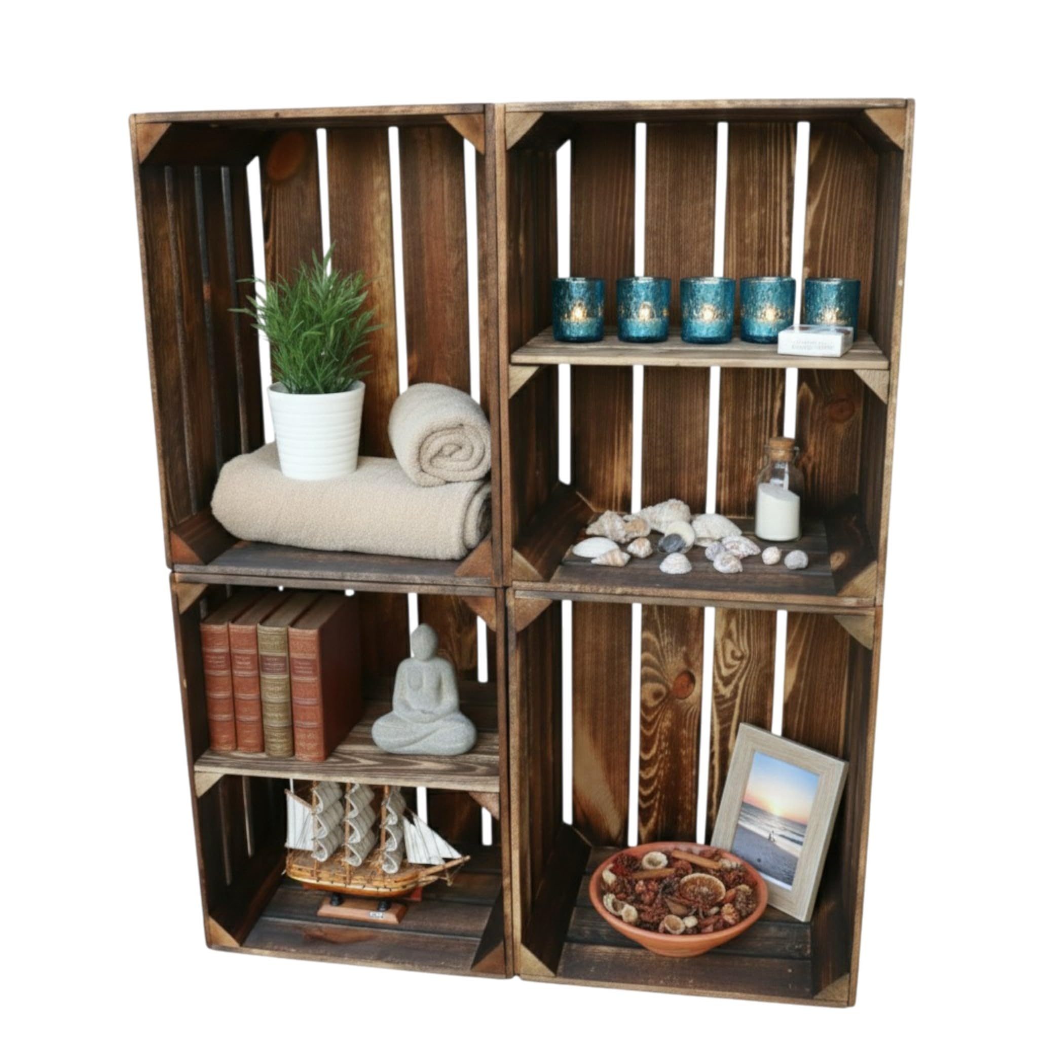 Teramico Houten kisten fruitkisten wijnkisten gevlamd donker 50 x 40 x 30 cm in leuke set-aanbiedingen als rek of voor opslag (set van 3 | 2 x bodem lang