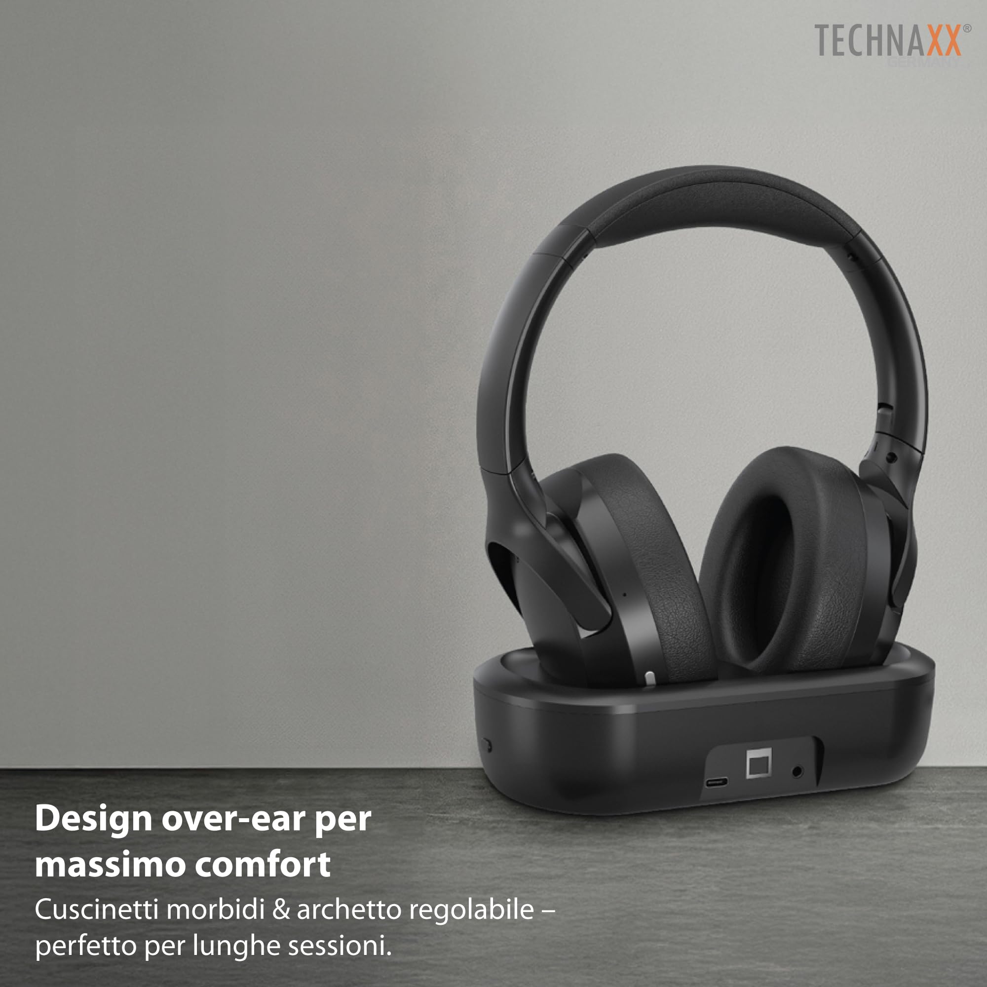 Technaxx Cuffie TV wireless con base di ricarica – Cuffie Bluetooth 5.4 Over-Ear con microfono, 30h autonomia, USB-C, ingresso ottico e AUX – Ideali per TV, anziani e musica - TX-350