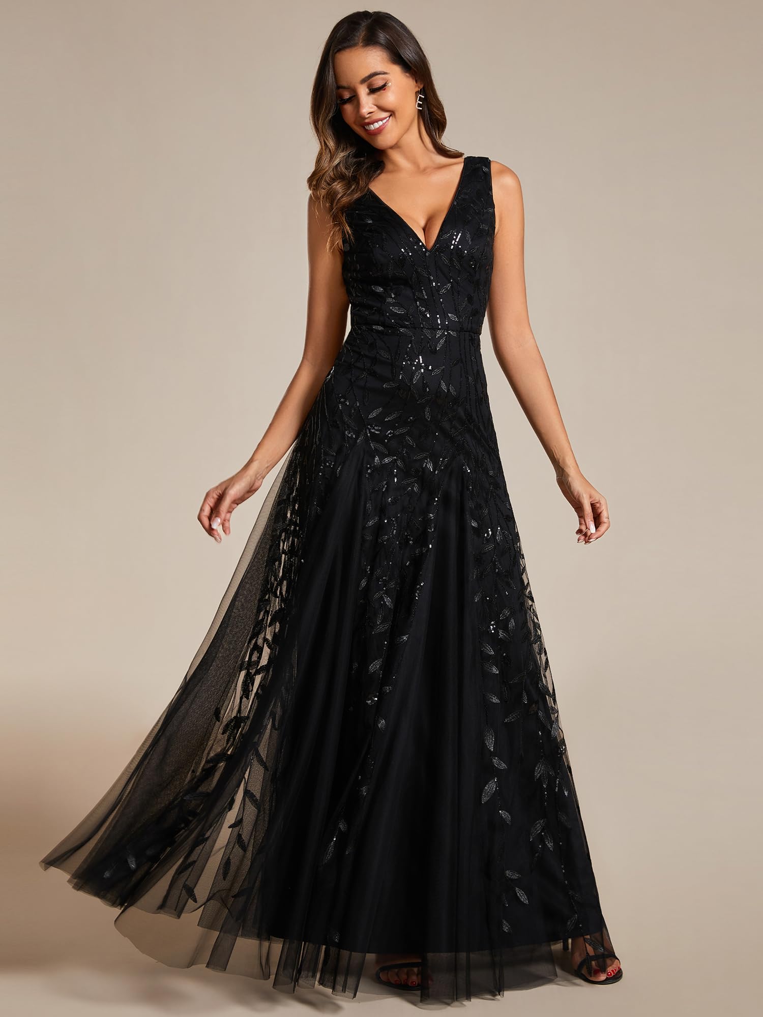 Ever-Pretty Vestido de Noche para Mujer Cuello en V Lentejuelas Invitadas de Boda Largo Sin Mangas Cintura Imperio Formal Fiesta EE02130