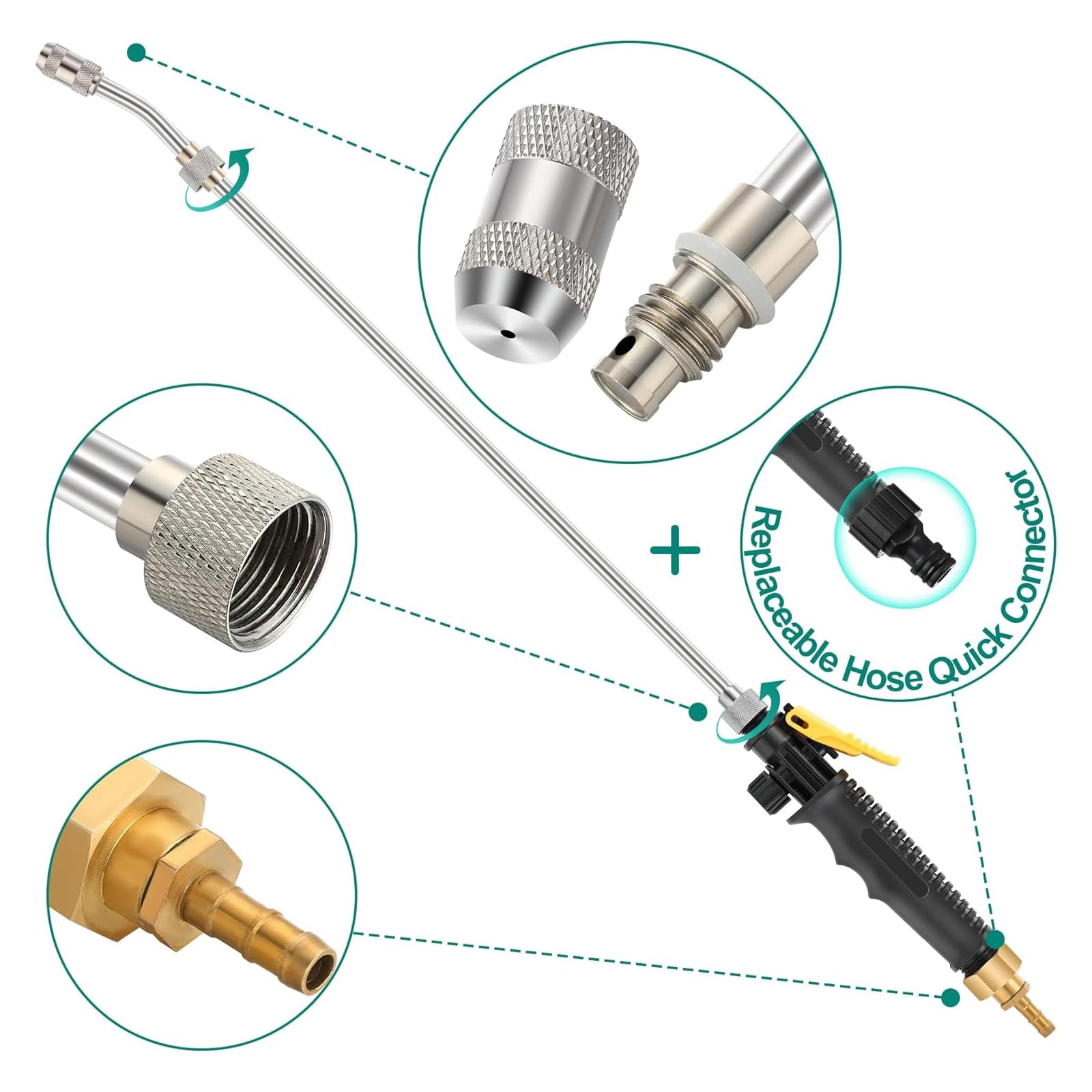 Varita pulverizadora, pulverizador universal ajustable, manguera de 3/8 pulgadas, varita rociadora de repuesto de acero inoxidable con válvula de cierre (recta, paquete de 4)