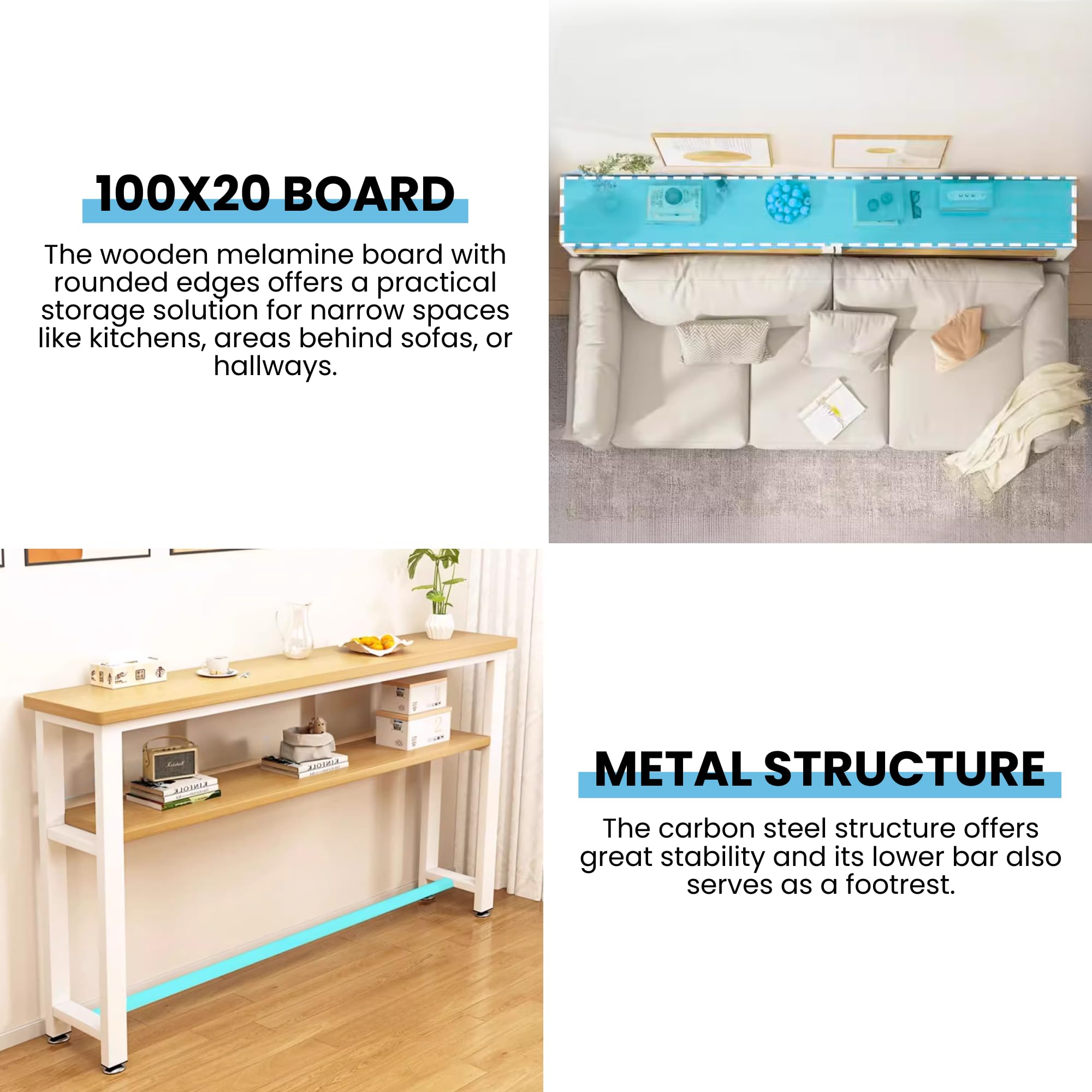 Tavolino Stretto Da Divano - 100x20 Cm, In Legno Melaminico E Acciaio, Con Ripiani, Per Piccoli Spazi E Ingresso