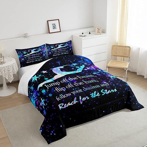 Miniatura 4 de Juego de edredón para niños con silueta de gimnastas tamaño queen, juego de ropa de cama romántica con diseño de cielo estrellado y galaxia, para