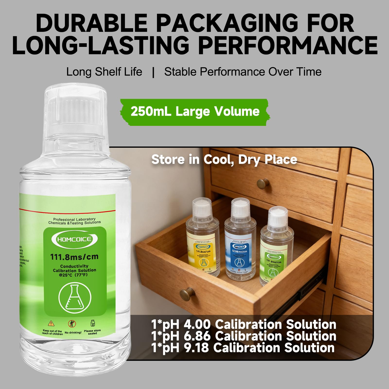 Kit Solutions d'Étalonnage TDS EC 250mL (1413 µS/cm, 12,88 mS/cm, 111,8 mS/cm), Solutions Tampon haute précision pour conductimètres et compteurs TDS, idéal pour laboratoires, industrie