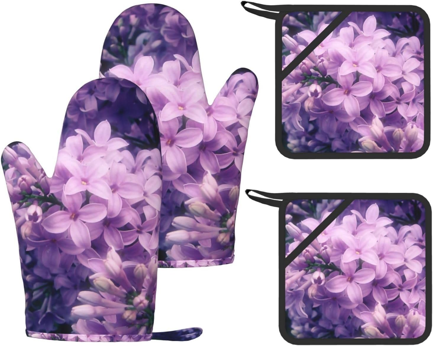 Purple Flowers Oven Mitts and Pot Holders Set of 4 Heat Resistant Kitchen Gloves with Silicone Palm Hot Pads for Baking Cooking Grilling BBQ
