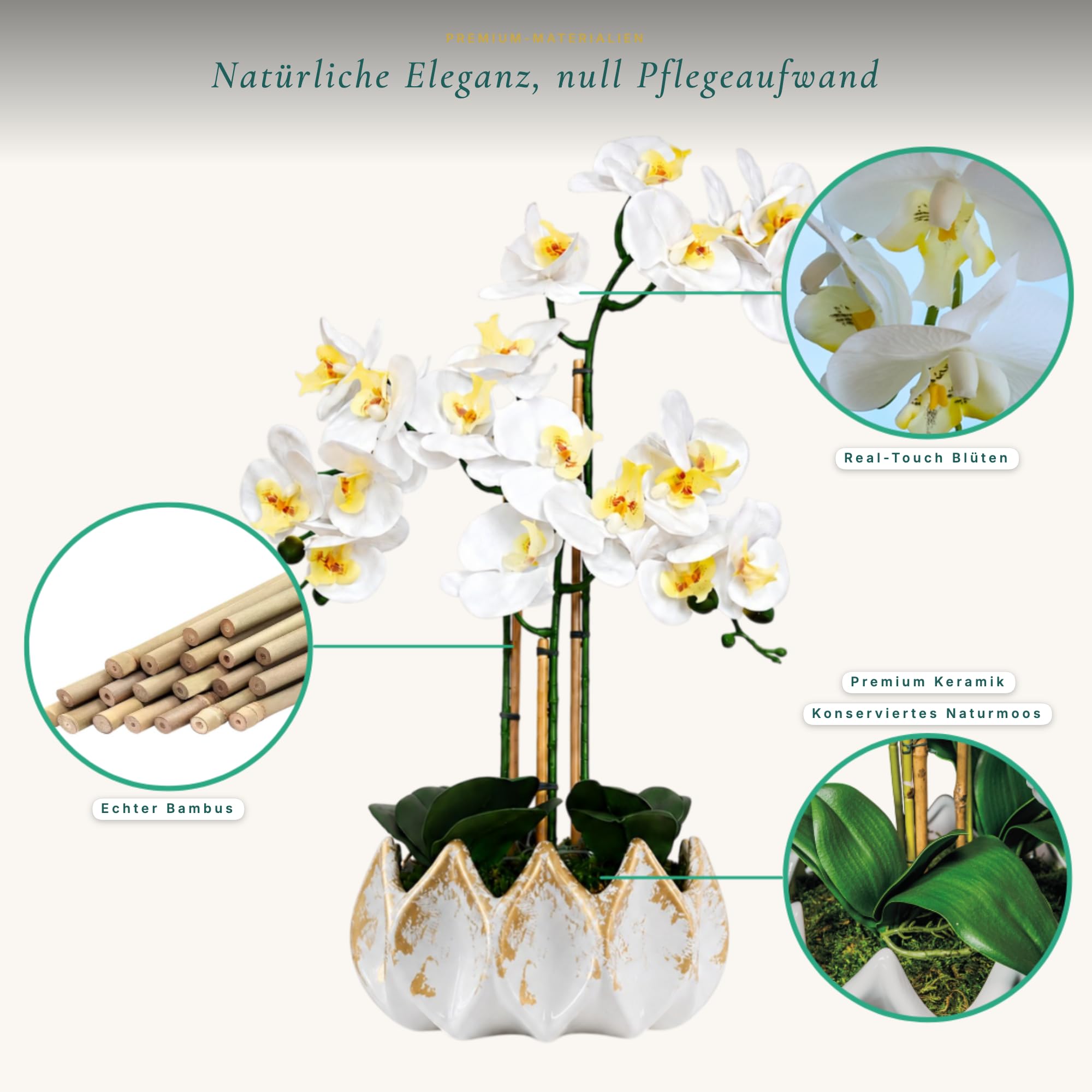 Orchidées artificielles comme de vraies fleurs blanches 70 cm – Fleurs artificielles en pot faciles d'entretien, sans arrosage, fabriquées à la main au Portugal avec mousse, bambou et