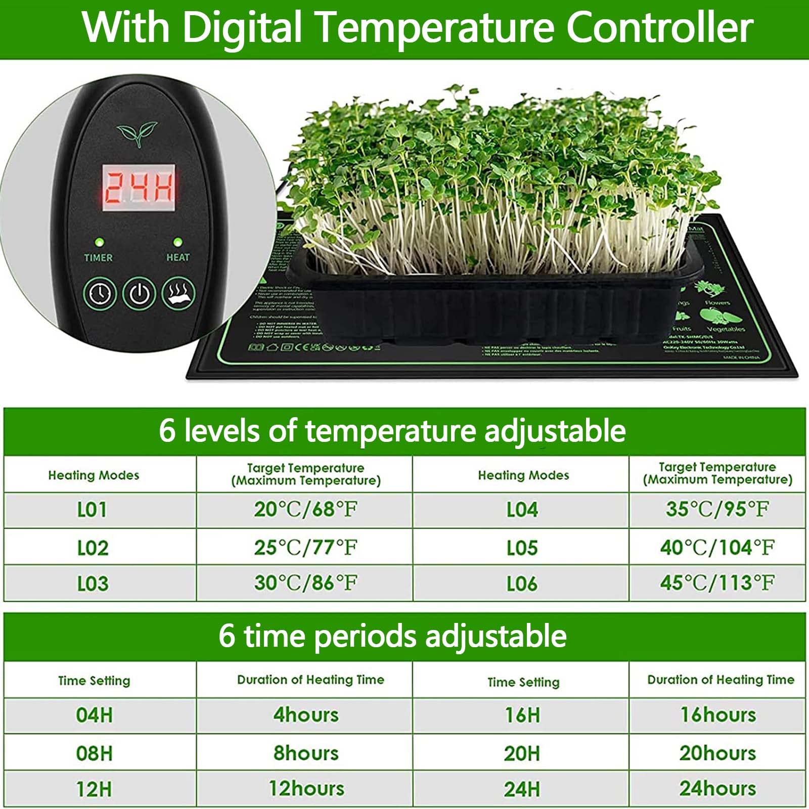 Tapis chauffant pour semis, coussin chauffant étanche pour propagateur de serre, tapis chauffant hydroponique pour plantes à graines Reptile amphibien avec minuterie de thermostat numérique, 20 * 20