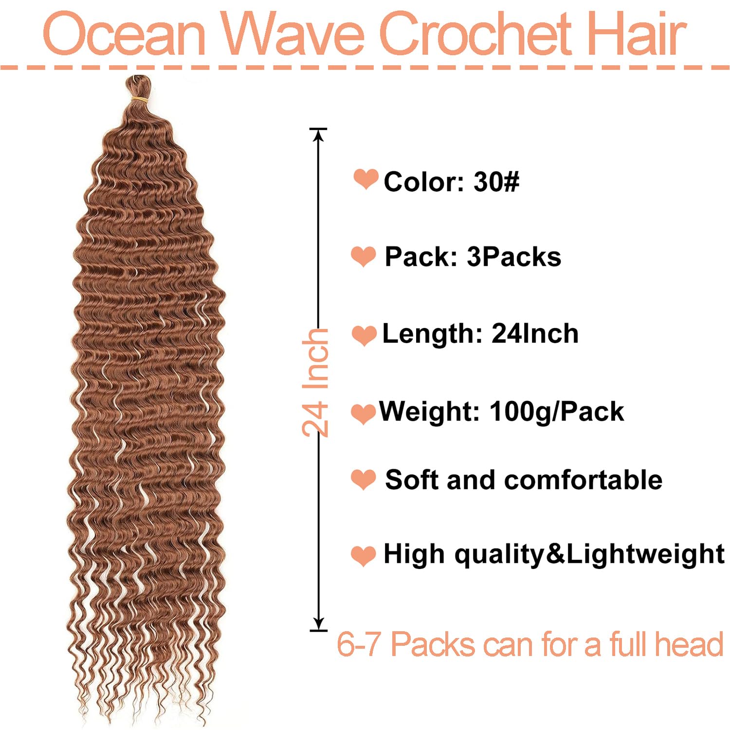 Mscat 24 Inch Ocean Wave 3Pack Crochet hair Extexsions Long Braids Brown Deep wave Synthetic hair Curly Braiding hair for Black Women 30# - Image 2