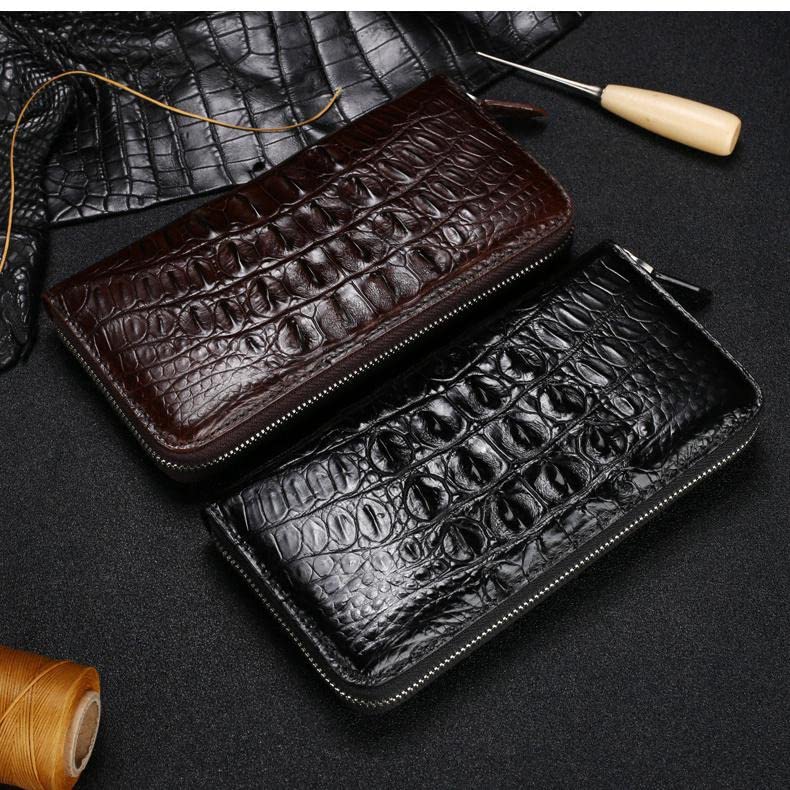Luxury Genuine Crocodile Leather Skin Mens Wallet Zipper Long Wallet Men Purse Clutch Bag (Crocodile Belly Brown)4