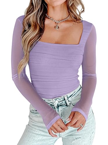 AGECODE Women's Square Neck Mesh Long Sleeve Bodysuit Shirts Ruched Body Suit Leotard Tops - Medium - Purple