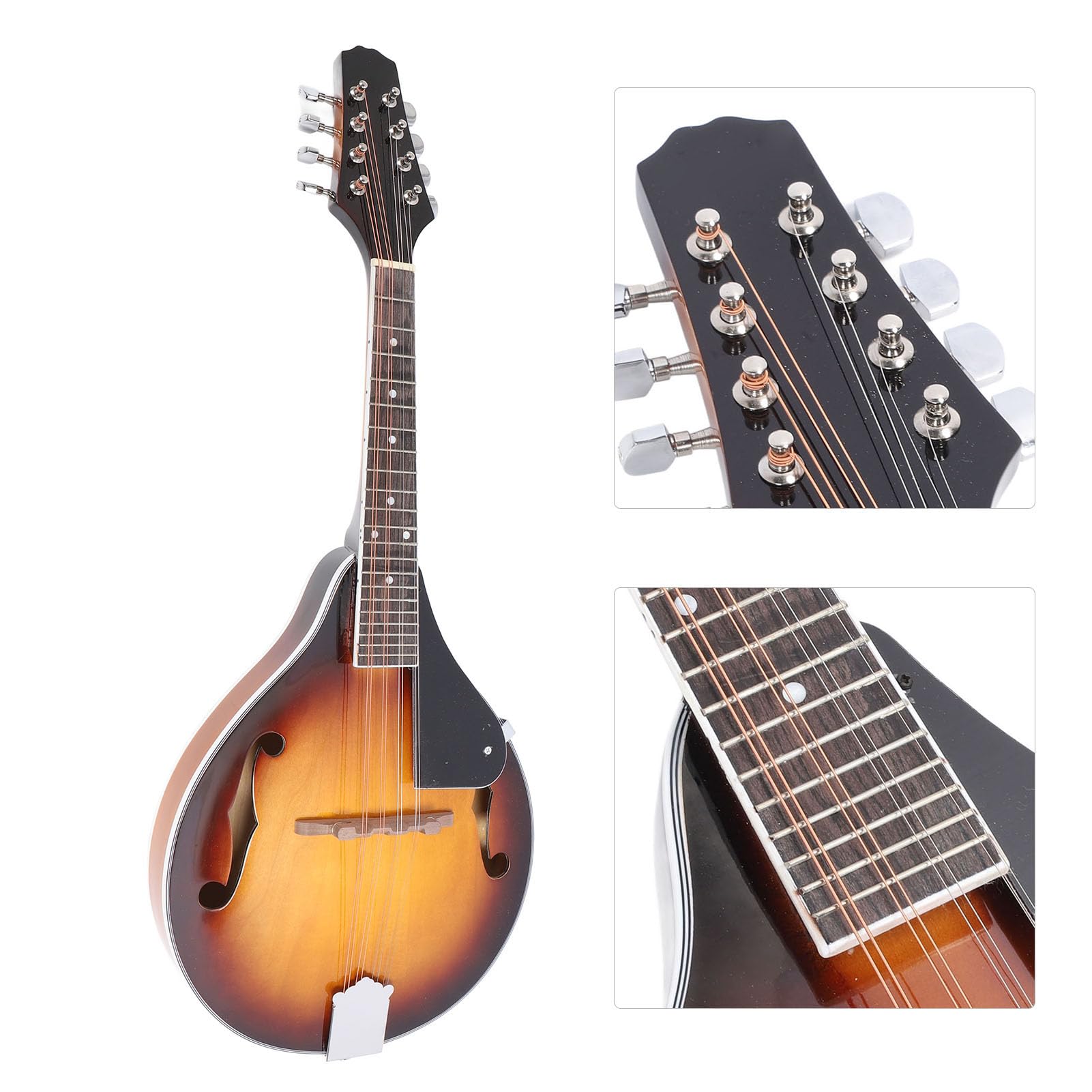 Mandolina Estilo A, Mandolina Acústica Sunburst con Cuerpo de Palisandro de Tilo, Traste Suave de Cuello Ergonómico, para Principiantes Diestros, con Púas de Bolsa, Paño de