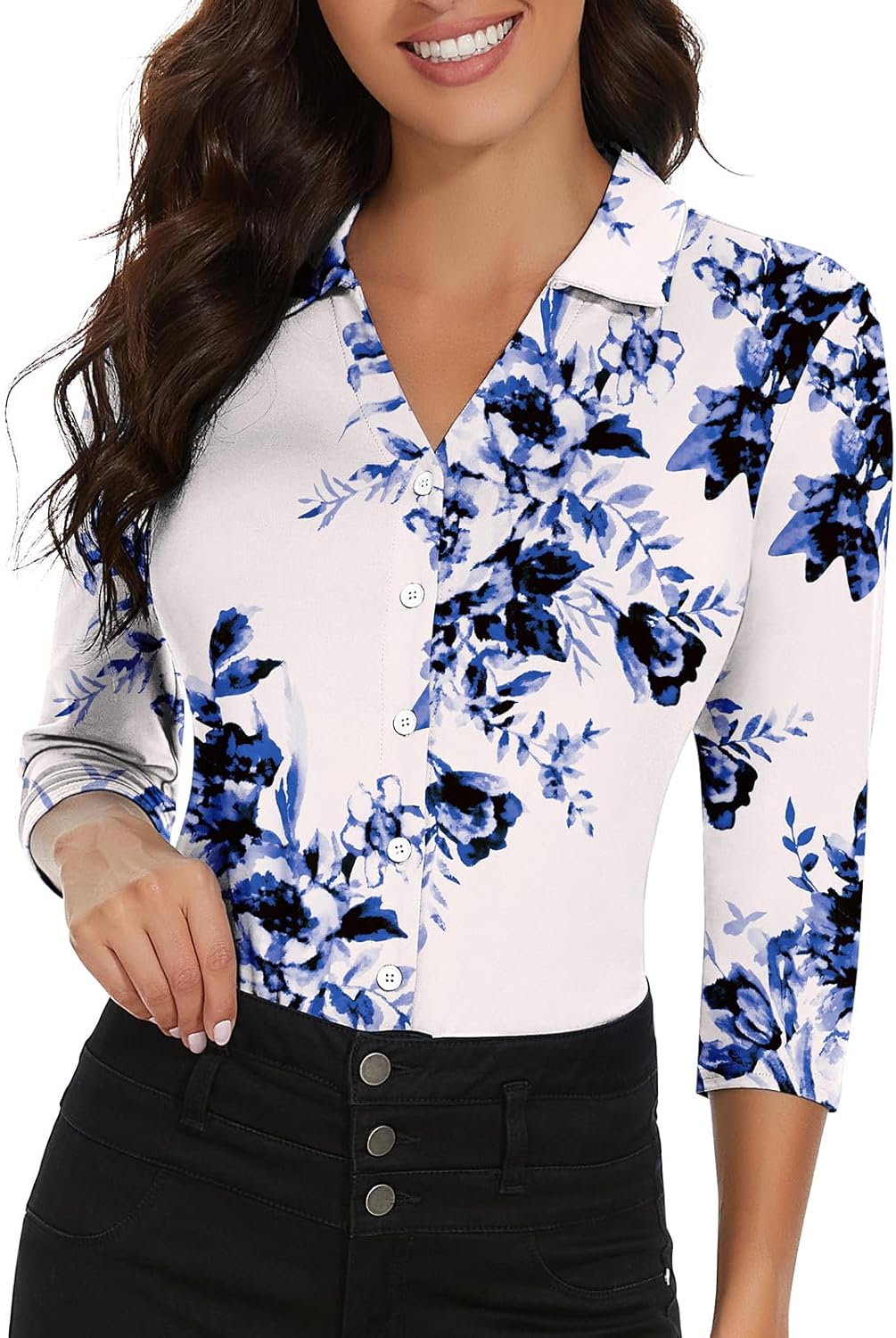 3/4 Sleeve Floral Button Down Shirt Women 3/4 Sleeve Polo Shirts Work Blouse