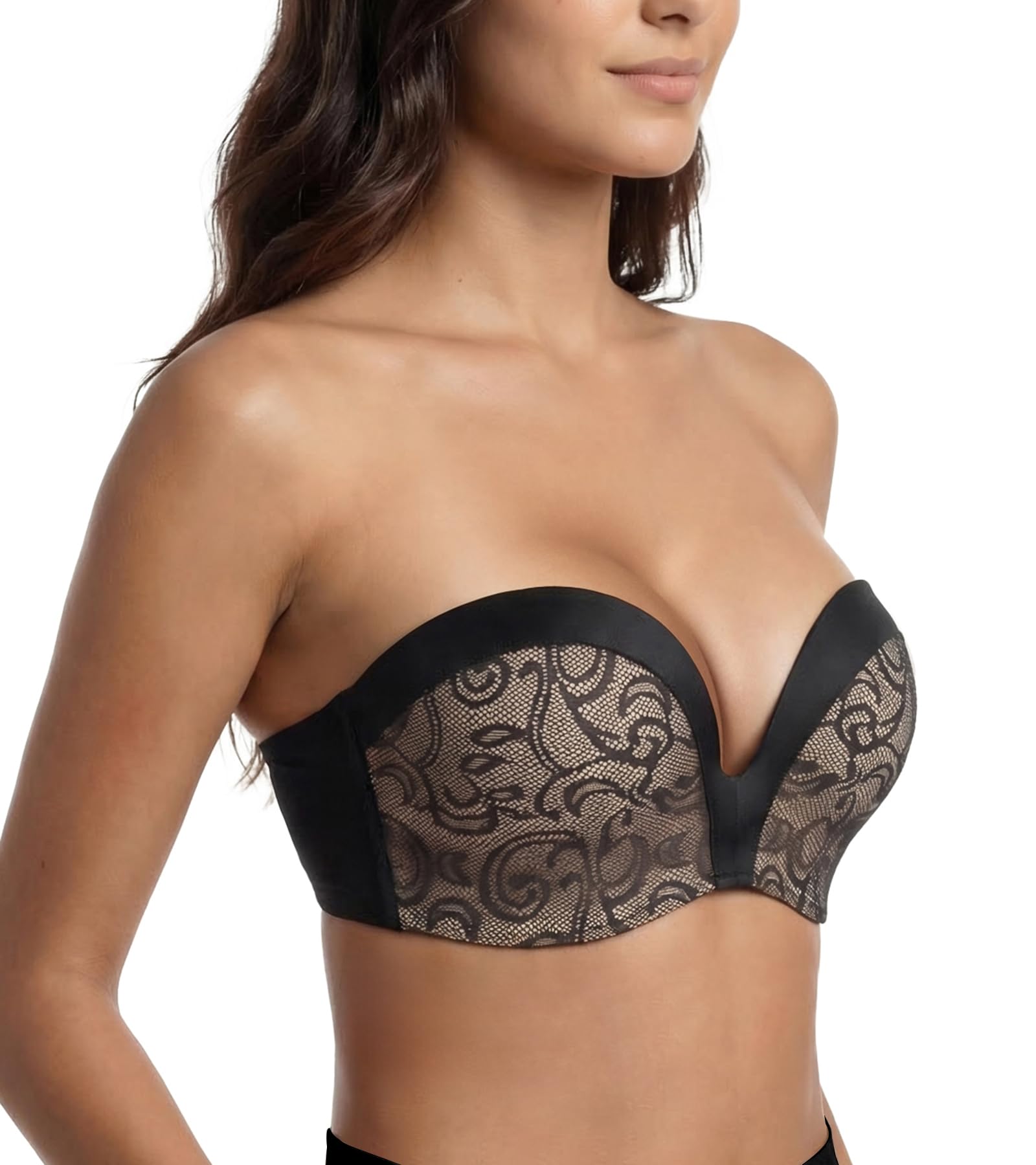 Lemorosy Brasier sin Tirantes para Mujer, sin Varillas, con Relleno, Antideslizante, Invisible, sin Tirantes, Negro -, 95C