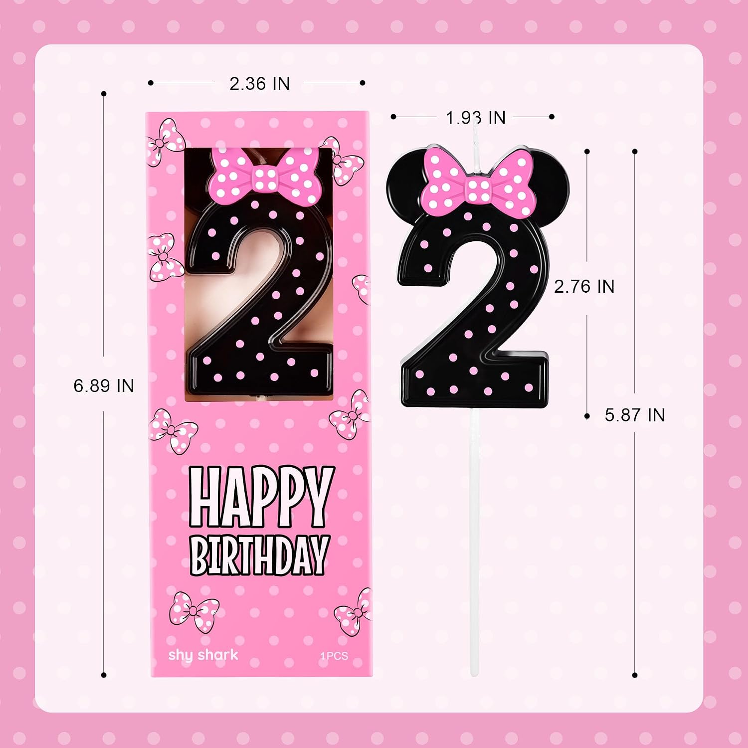2.76 Inch Large Cartoon Polka Dot Pink and Black 2 Number Birthday Candles, Anime Cartoon Number Candles, Cake Number Candles, Party Celebration, Style Candle