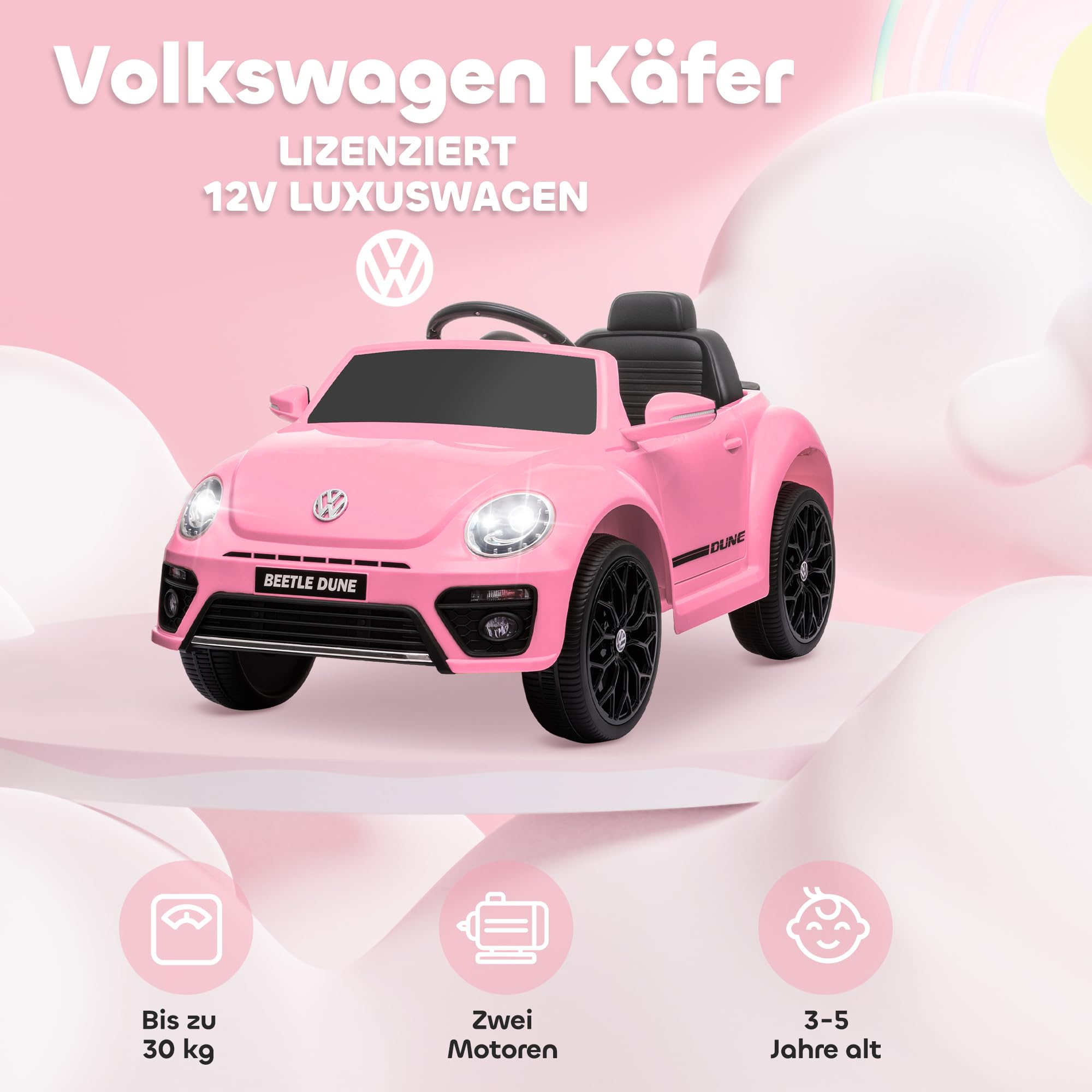 AIYAPLAY Dziecięcy samochód elektryczny Volkswagen Beetle 12V, różowy | Pilot 2,4G, muzyka, klakson, światła LED, złącze USB/MP3, pojazd elektryczny dla dzieci 3-5 lat