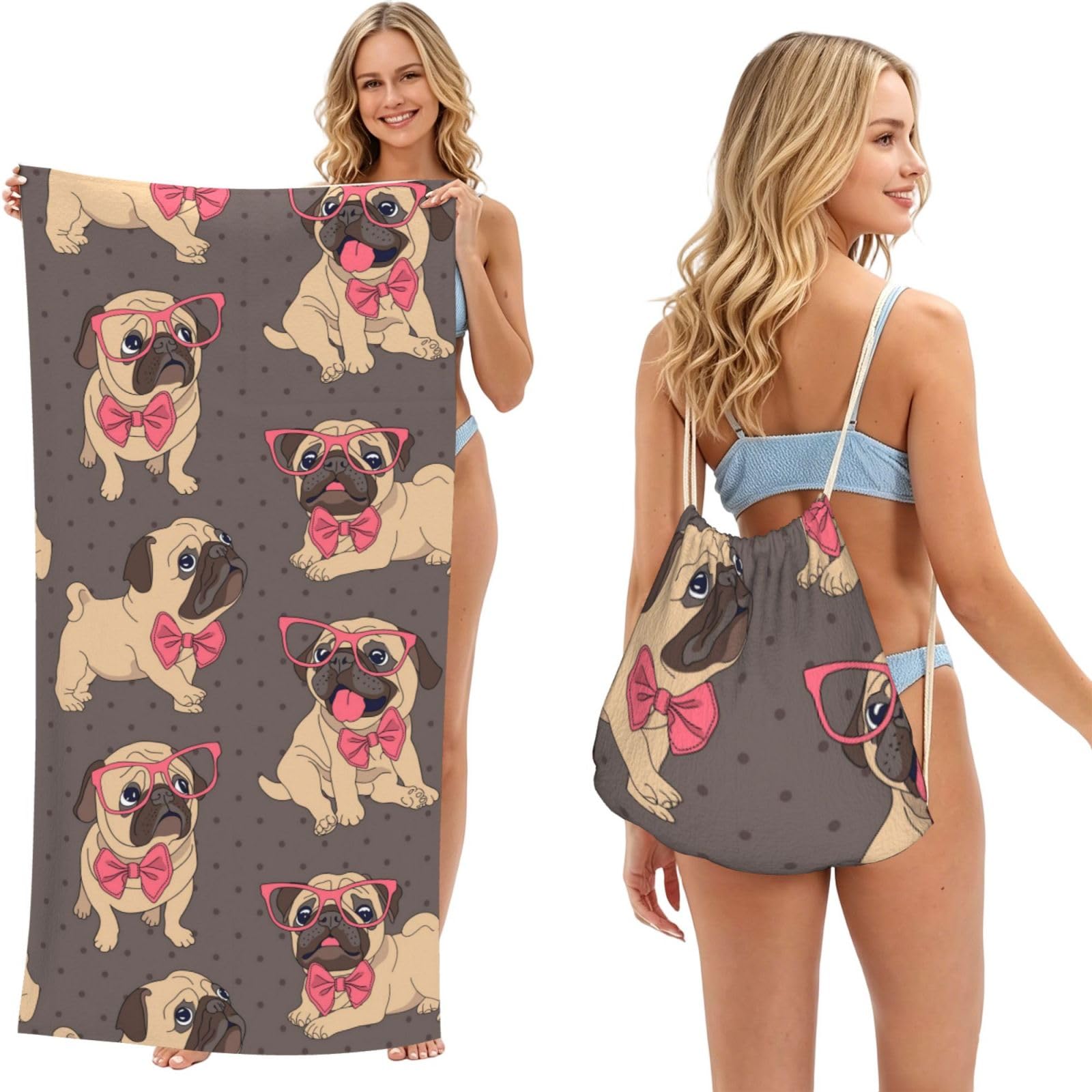 Poadnly Cartoon Pug Puppy In A Glasses And In A Bow Tie, 2 in 1 Packable Towel Bag, Beach Towels with Drawstring Backpack for Travel Holiday Camping