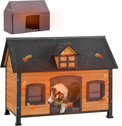 Miniatura 6 de GUTINNEEN Casa para perros con marco de metal, casa para gatos al aire libre, perrera de madera para invierno resistente a la intemperie
