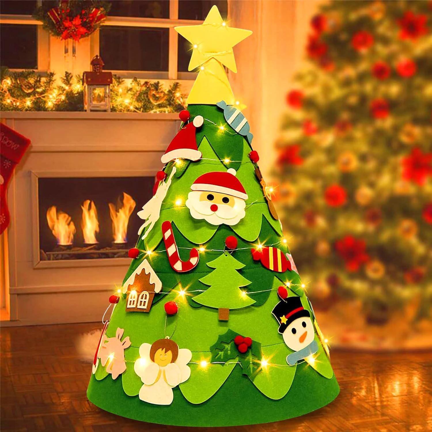 Árbol De Navidad De Fieltro DIY Con 30 Luces LED Y 26 Adornos Extraíbles – Set Decorativo De 70x50 Cm Con Velcro, Actividad Creativa Para Niños Y Decoración Del Hogar Sin Malos Olores