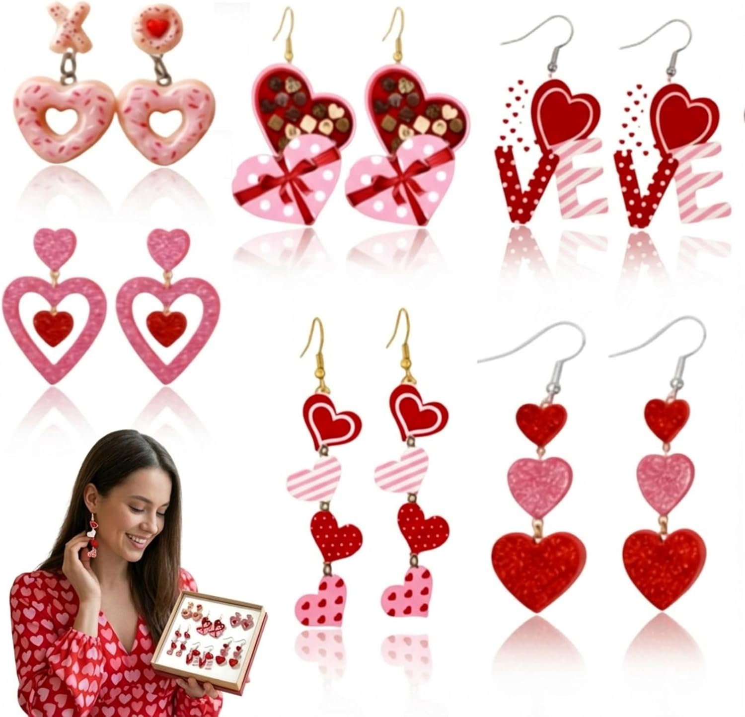 Kigeli 6 Pairs Valentine's Day/St. Patrick's Day Earrings for Women Love Heart/Irish Shamrock Dangle Earrings Jewelry Gifts Accessories for Mother Wife Sister Birthday Decorations - Image 9