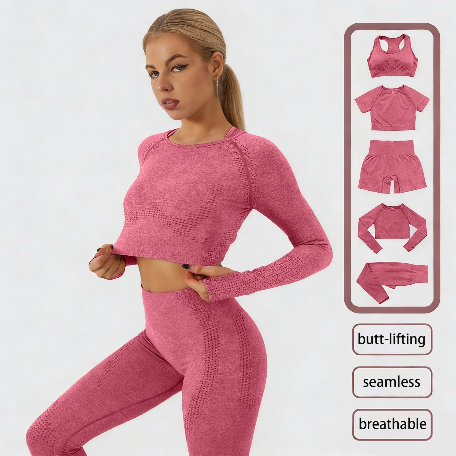 Abbigliamento da yoga da donna, set da 5 pezzi, tuta estiva da corsa, palestra, fitness, reggiseno crop top leggings, tuta da ginnastica, jogging, pilates, sport, senza cuciture, traspirante