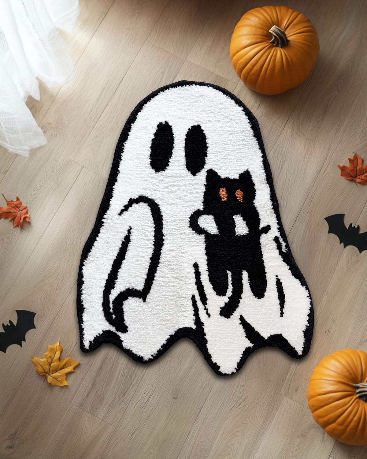 PreLiving Halloween Ghost Bathroom Rug 20x26 Inch – Cute Ghost Holding Black Cat Bath Mat – Soft Absorbent Spooky Decor for Bathroom & Bedroom (