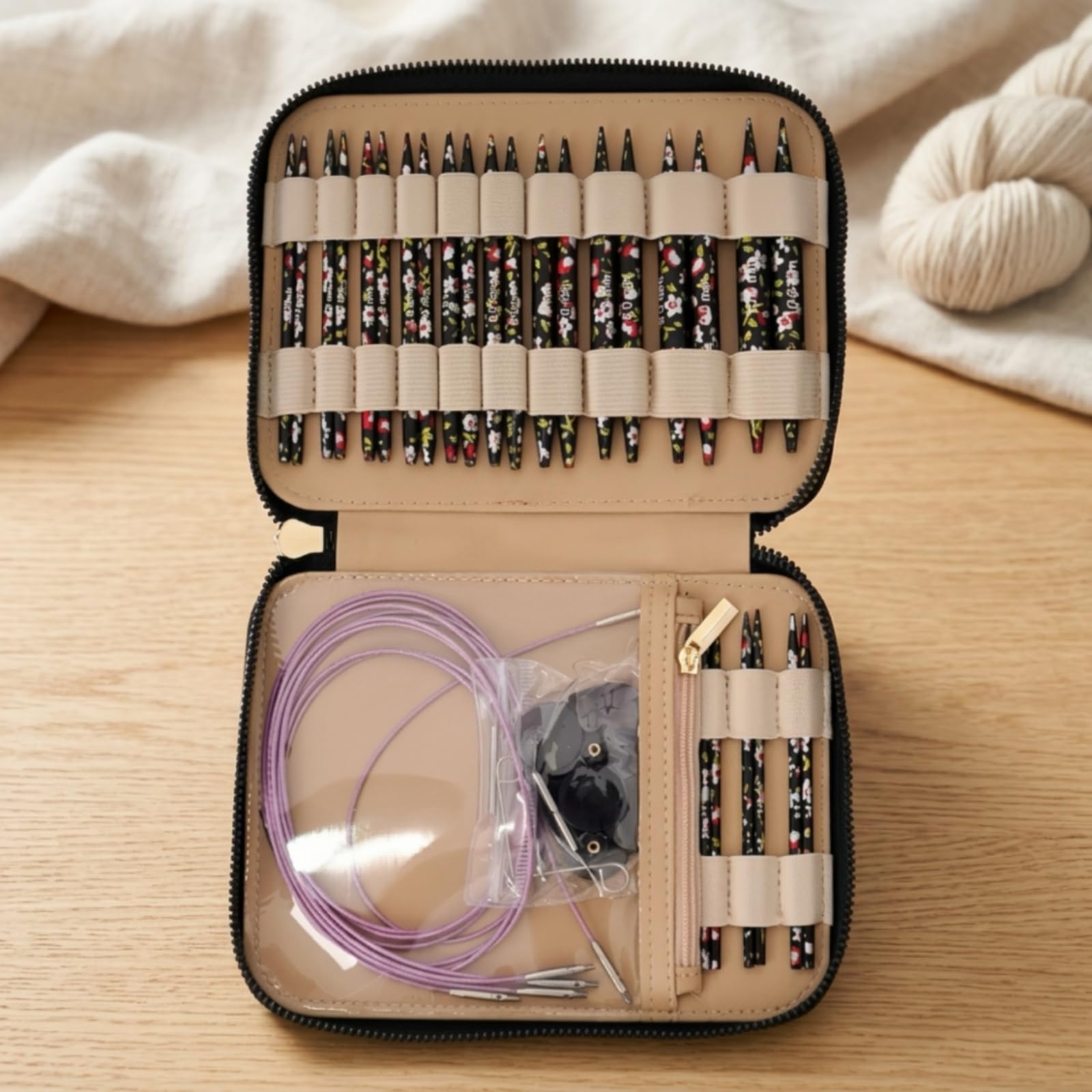 Gancho Industrial Estuche de Tejido Intercambiable Kit con Agujas Cables Conectores Organizador Portátil Interior con Correas Material Alúmina y Cuero PU Adecuado para Artesanía en Casa Salidas