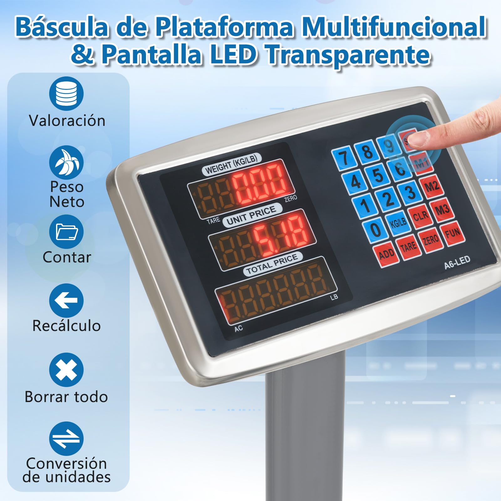 COSTWAY Báscula Digital Informática de 300 kg, Báscula de Plataforma de Suelo Multifuncional con Calculadora de Precio, Pantalla LED Transparente, Fuente de Alimentación Ac/Dc (Plata)