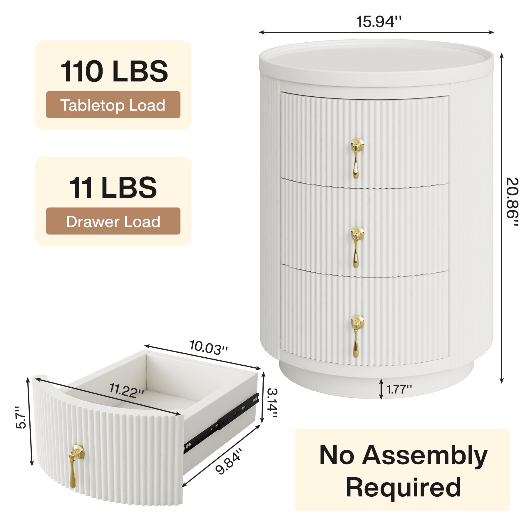 Tribesigns 3 Drawers Nightstand, Small Round End Side Table with Storage | No Assembly Required, 15.94"D x 15.94"W, For Bedroom, Gold Handles, White