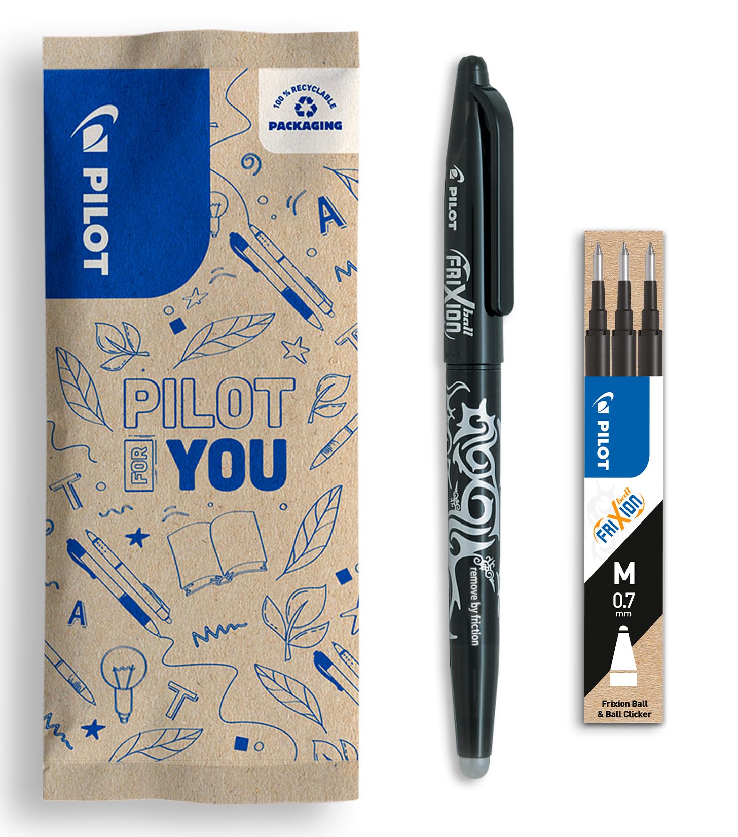 PILOT - Set de 1 Frixion Ball + 1 set de 3 recambios - Bolígrafo borrable con tinta termosensible - Bolígrafo rollerball recargable de plástico reciclado - Negro - Punta media