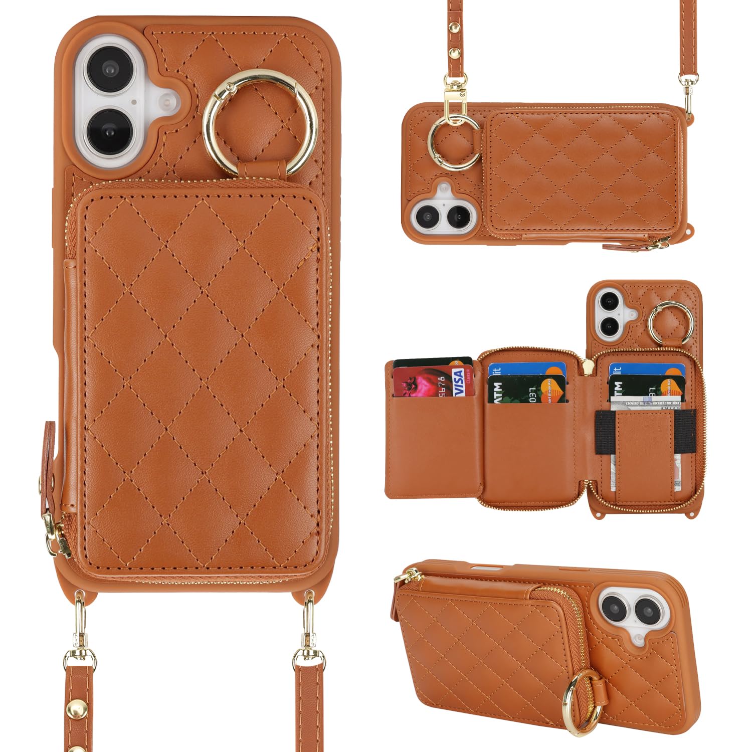 Crossbody Wallet Case for iPhone 16 Plus-Brown