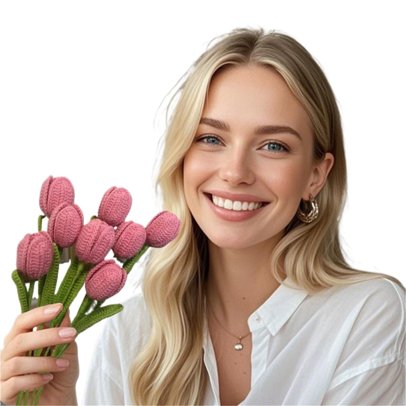 ENWWCH 6Pcs Fake Tulips Artificial Flower Bouquet For Decoration, Tulip Crochet Flowers For Table Decor For Home(Pink)
