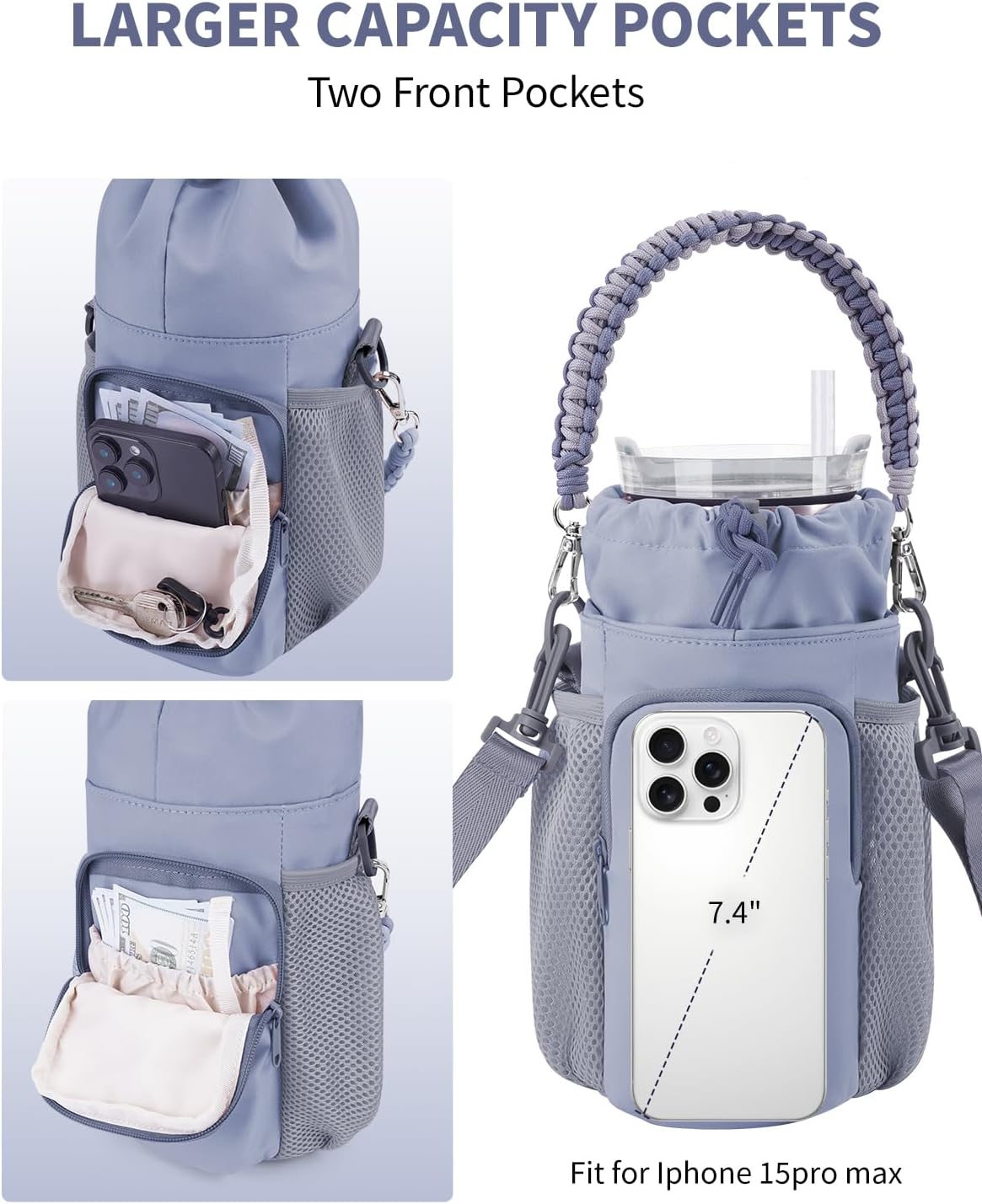 sportsnew Magnetic Gym Water Bottle Bag for for Stanley 40oz with Phone Pocket and Water Bottle Carrier Bag with Strap