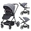 Grey Baby Stroller, High Landscape Pushchair with Reversible Seat One Hand Fold, 4 Modes Convertible Travel System, Adjustable Canopy & Footrest, Large Storage Basket & Cup Holder, for Toddler Infant