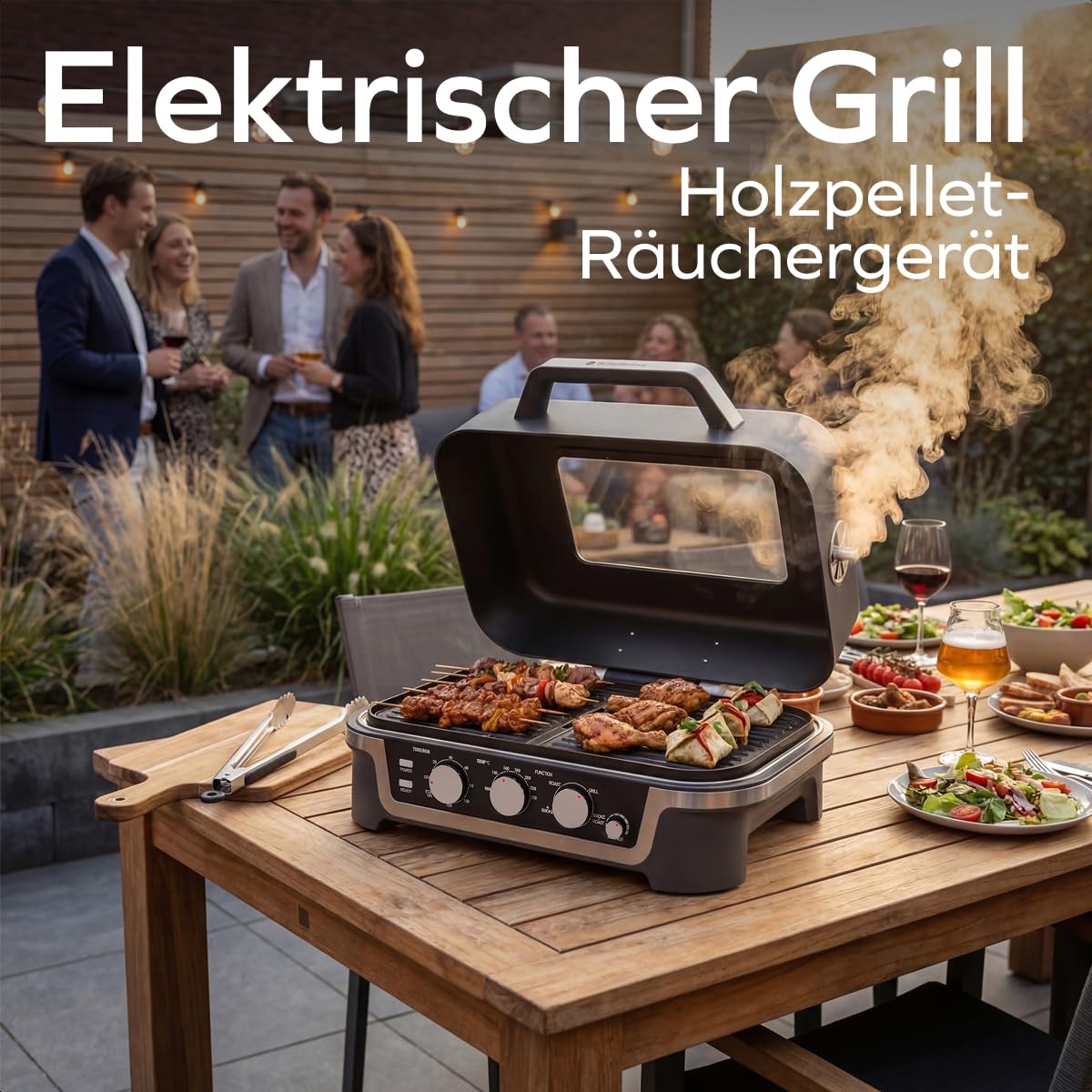 KitchenBrothers 4-in-1 Elektrogrill - BBQ & Smoker - Tischgrill - 2600W | Einstellbar von 90–250 °C, Timer bis 120 Min., Sichtfenster im Deckel, kompaktes, ideal Tischformat
