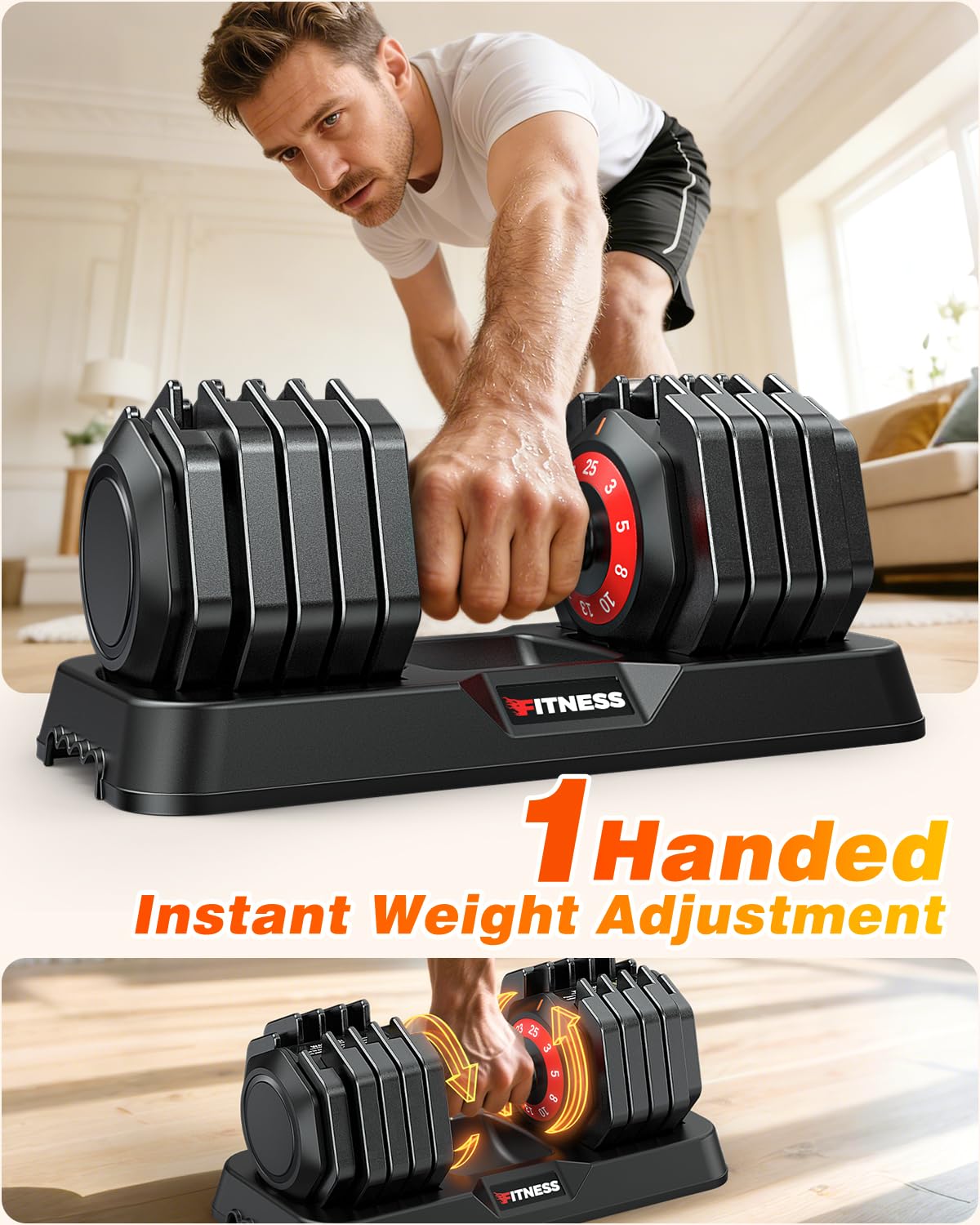 Adjustable Dumbbell Set for Home Gym Strength Training | 25 to 90 lbs, one-hand adjustable, non-slip knurled grip, compact storage, ideal for full-body strength training