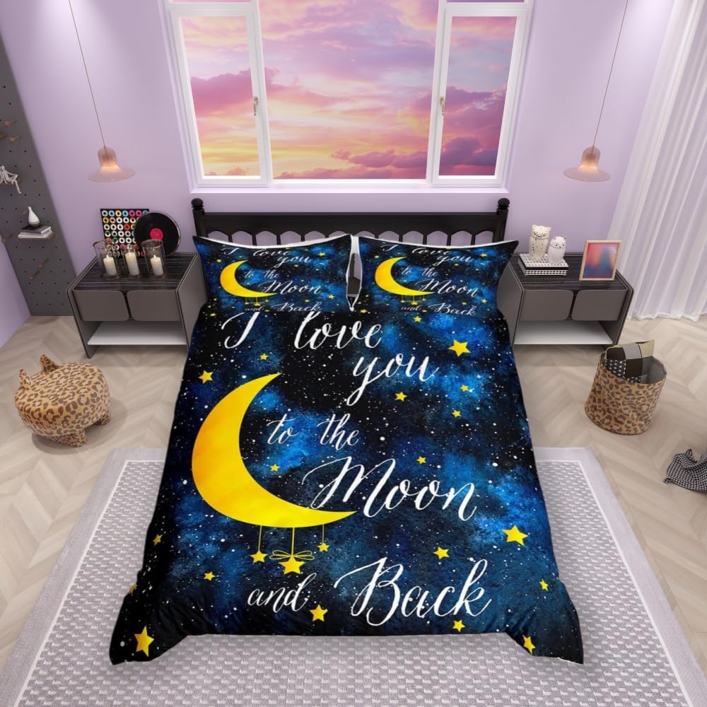 feelingyou Stars and Moon Duvet Cover Set King Size, Watercolor Navy Blue Galaxy Space Nebula Universe Comforter Cover for Girls Teens, I Love You in the Moon and Back Quilt Cover with 2 Pillowcases