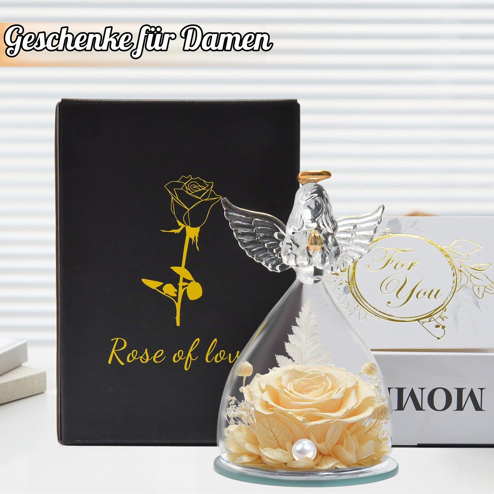 Ewige Rosen-Engel Figur mit Glasglocke, Geschenk Valentinstag für Frauen, Mama, Freundin, Echte haltbare Rose Hält 3-5 Jahre, Geschenk für Weihnachten Valentinstag Geburtstag (Champagner)