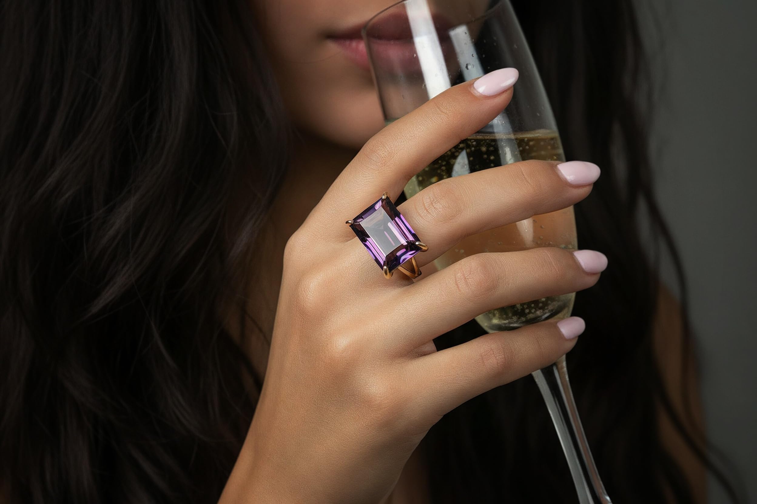 Anillo Rectángulo Amatista - Anillo de Oro de 14k - Anillo de Cristal - Anillos de Piedra de Nacimiento - Regalos para su Día Especial - Joyería Artesanal para Mujer