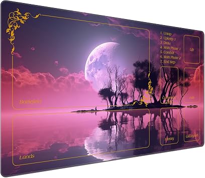 DEGDFSGR for MTG Playmat with Zones 24 x 14 inches for TCG Playmats Non-Slip Rubber Base Commander Play Mat for MTG Mat Iorcana Trading Card Game, Eerie Pink Purple Moon River