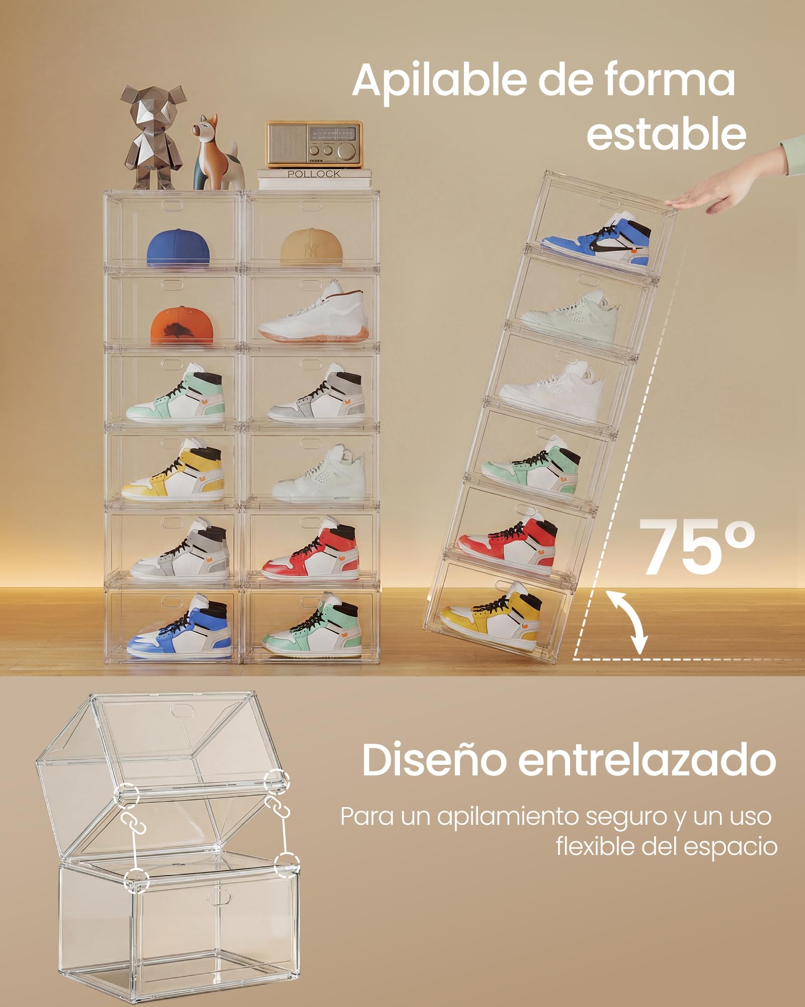 SONGMICS Cajas de Zapatos, Transparentes Apilables, Organizador de Zapatos, para hasta la Talla 47, con Puerta Magnética, Plástico, Juego de 6 LSP706WH01