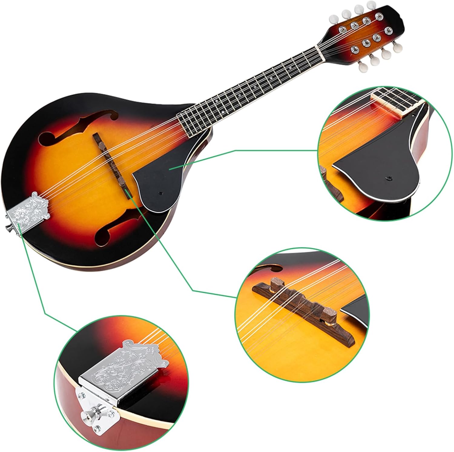 Elegant Mandolin Musical Instrument,A Style Mandolin Instrument with Guard Board,Glossy Sunburst Finish (Sunset)