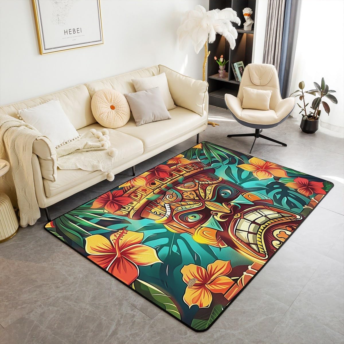 Erosebridal Tiki Bar Area Rug Tropical Exotic Tribal Culture Living Room Rugs 5x7 for Kids Boys Girls,Happy Hawaii Party Carpet Palm Tree Leaves Watercolor Flowers Indoor Floor Mat Non Shedding