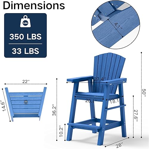 Miniatura 8 de Kingdura Juego de 2 sillas Adirondack altas mejoradas, resistentes a la intemperie, taburetes de alta densidad para exteriores con bandejas de