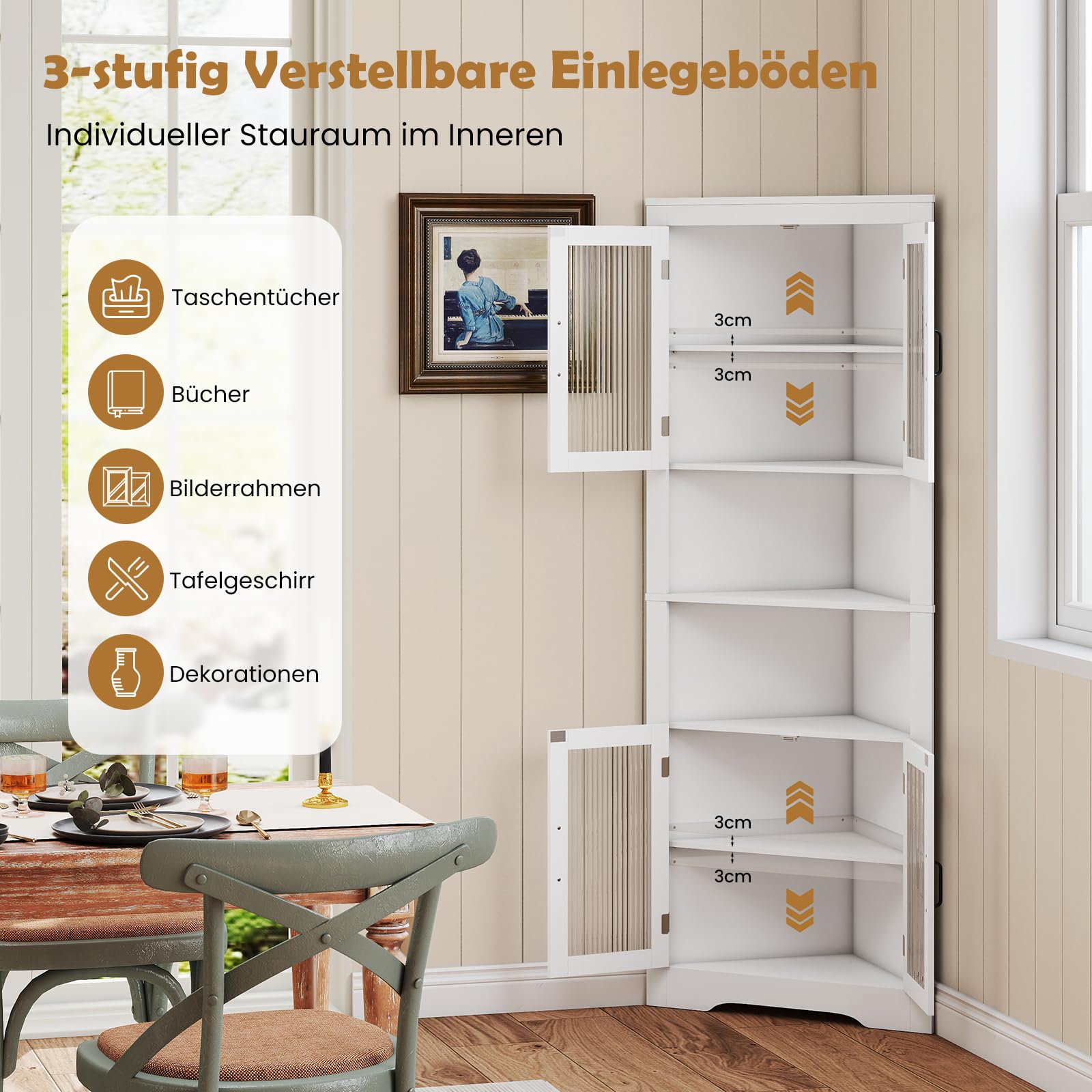 GOPLUS 6-stufiger Eckschrank, 171 cm hohe Badezimmerschrank schmal mit 4 Türen, dreieckiger Hochschrank mit verstellbaren Regale, Mehrzweckschrank, Eckvitrine für Badezimmer, Wohnzimmer, Flur & Küche
