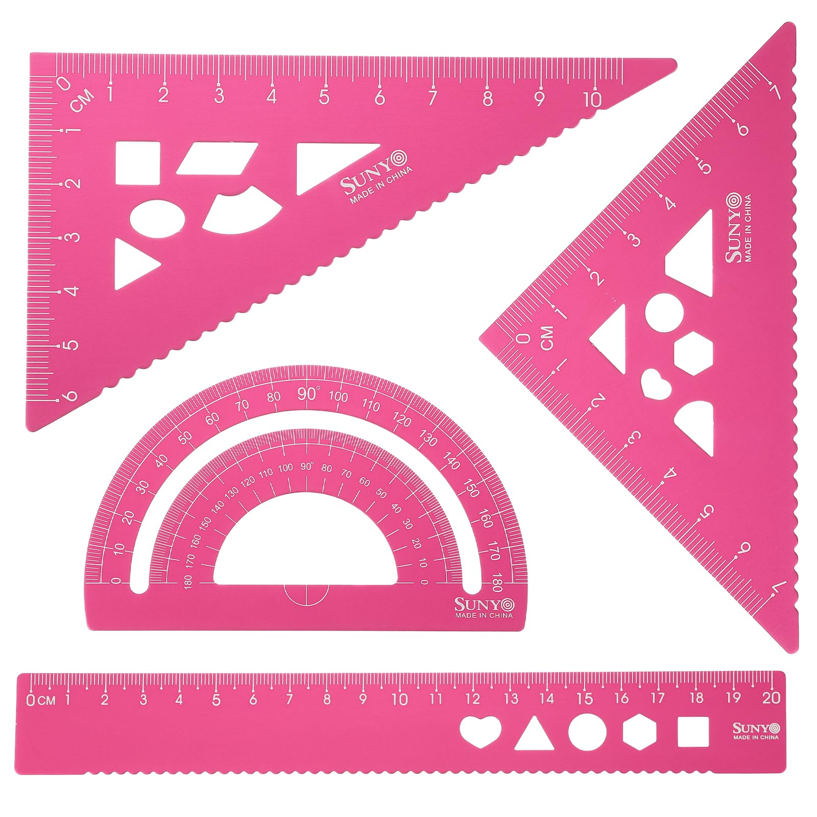 sourcing map 4pcs Triangular Ruler Set 20cm Aluminum Alloy Straight Geometric Protractor Triangle Engineering Scale Drafting Ruler Kit Measuring Drawing Tool for Classroom Office Home, Pink