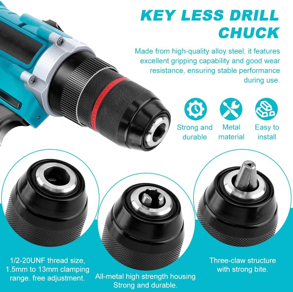 Keyless Drill Chuck, 1/2-20UNF Mount 1.5-13mm Self-tighten Drill Chuck Quick Change Impact, 3/8" to 1/2" (Black)