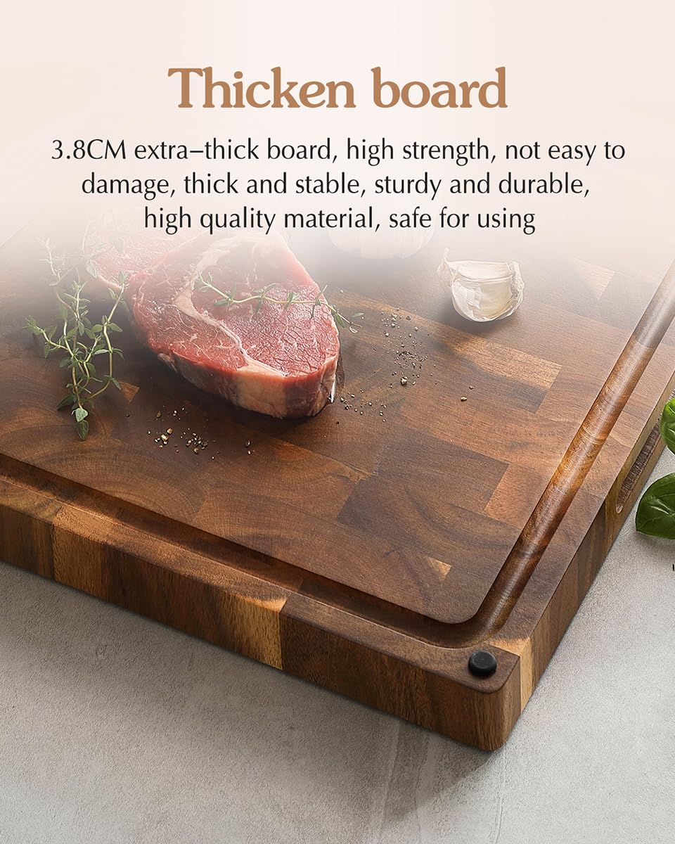 XINZUO Großes dickes Hirnholz-Schneidebrett Akazienholz(48.5x35.6x3.8cm),Beide Seiten verfügbar Holzbrett Hackbretter Küche,Aufschnittbrett mit rutschfesten Füßen,eingebauten Griffen und Saftrille
